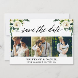 Save The Date Calligraphie moderne Vert Blanc Floral 3 Photo