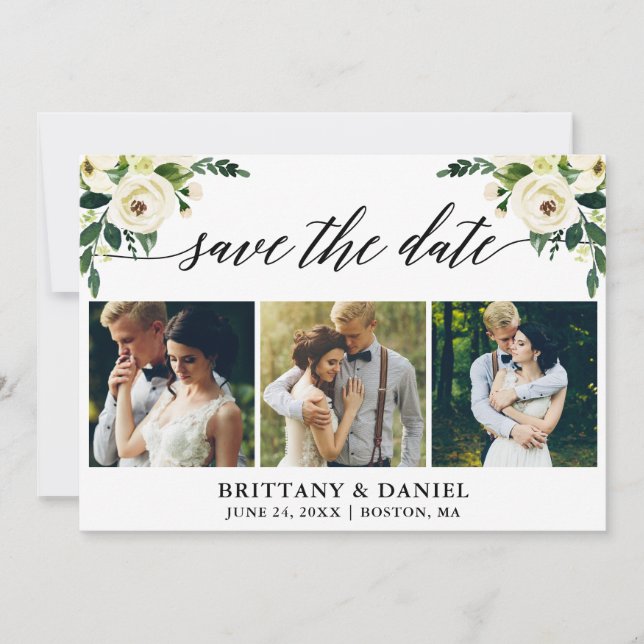 Save The Date Calligraphie moderne Vert Blanc Floral 3 Photo (Devant)