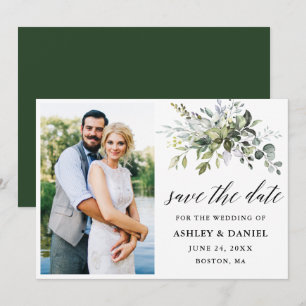 Save The Date Calligraphie moderne Vert Couple Photo