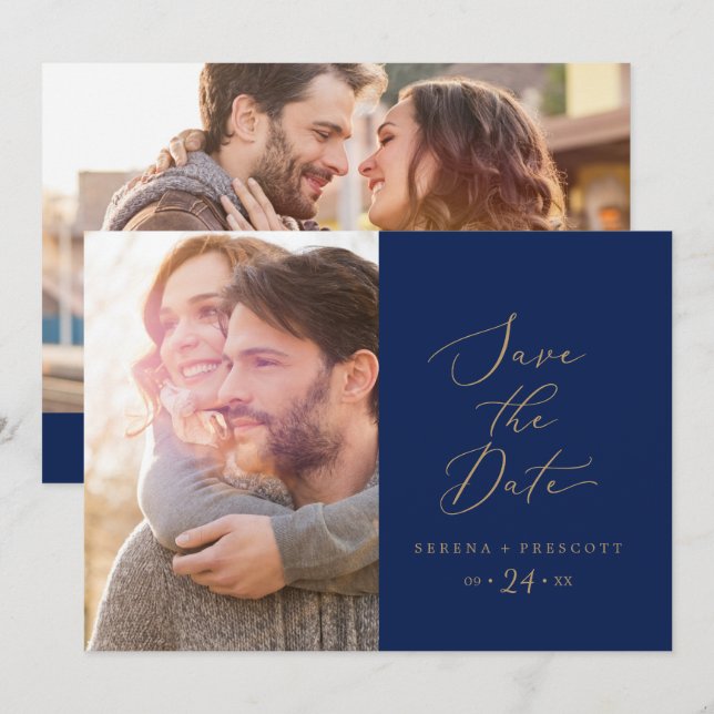 Save The Date Calligraphie Or Délicate | Photo de la marine (Devant / Derrière)