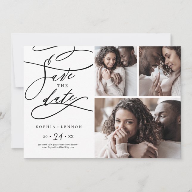 Save The Date Calligraphie romantique | Flourish 3 Photo Collage (Devant)