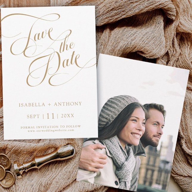 Save The Date Calligraphie romantique Mariage d'or Photo (Front & Back)