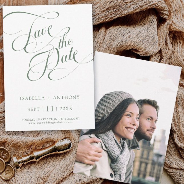 Save The Date Calligraphie romantique Sage Mariage vert Photo (Front & Back)