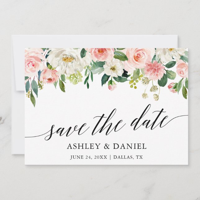 Save The Date Calligraphie Rose Blanc Floral Enregistrer La Cart (Devant)