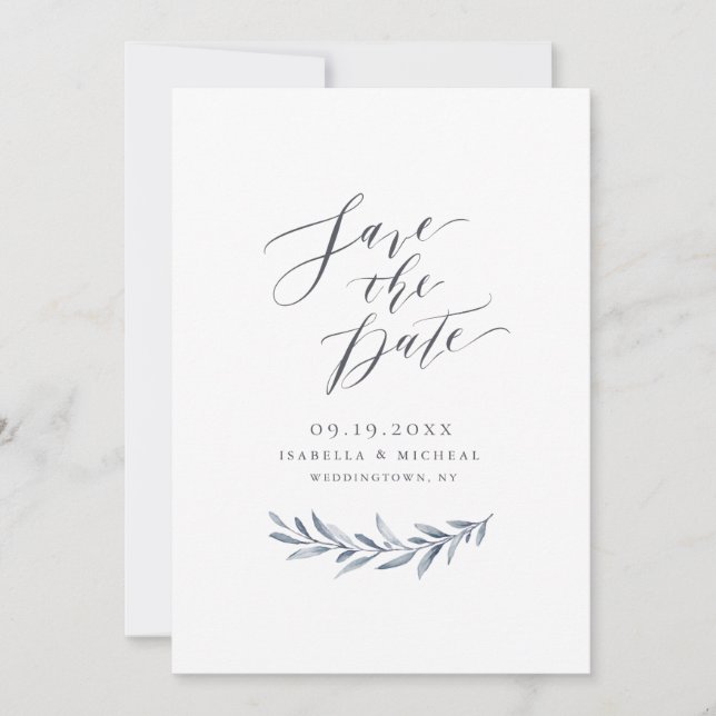 Save The Date Calligraphie simple bleu poussiéreux mariage (Devant)