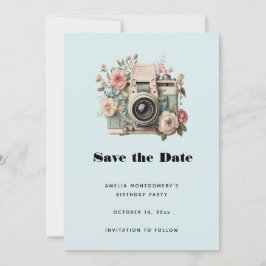Save The Date Camera with Flowers Retro Pastel Image