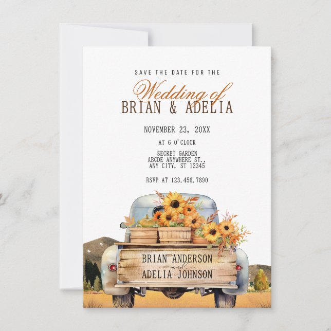 Save The Date Camion d'automne avec des tournesols  (Devant)
