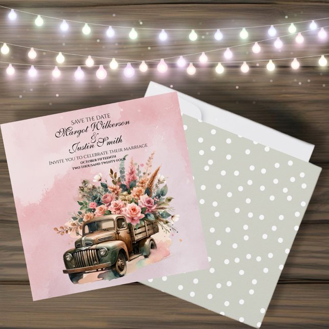 Save The Date Camion Vintage avec Fleurs Mariage (A Vintage watercolor wedding evokes a dreamy, romantic, atmosphere filled with soft colors.)