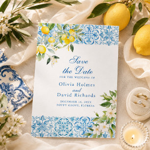 Save The Date Carreaux Bleus de Style Méditerranéen au Citron po