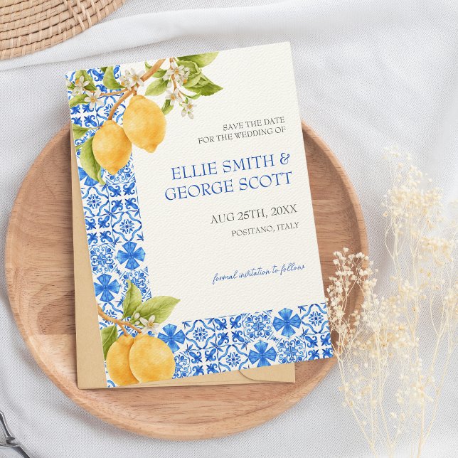 Save The Date Carreaux Méditerranéens Citron Italie Mariage (Destination Wedding Italy Save the Date)