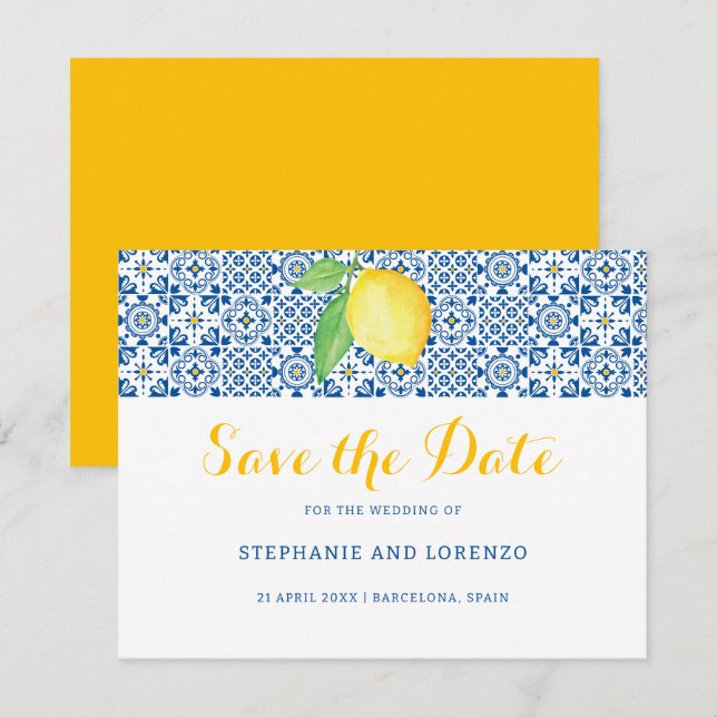 Save The Date Carrelage bleu méditerranéen Aquarelle Citron Mari (Devant / Derrière)