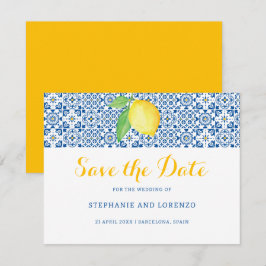 Save The Date Carrelage bleu méditerranéen Aquarelle Citron Mari