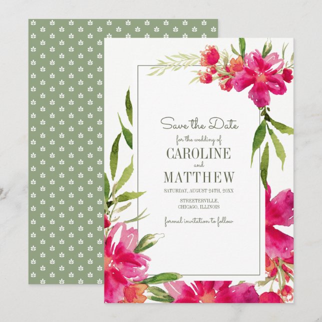 Save the date. Carte Fuchsia Green Floral Mariage (Devant / Derrière)