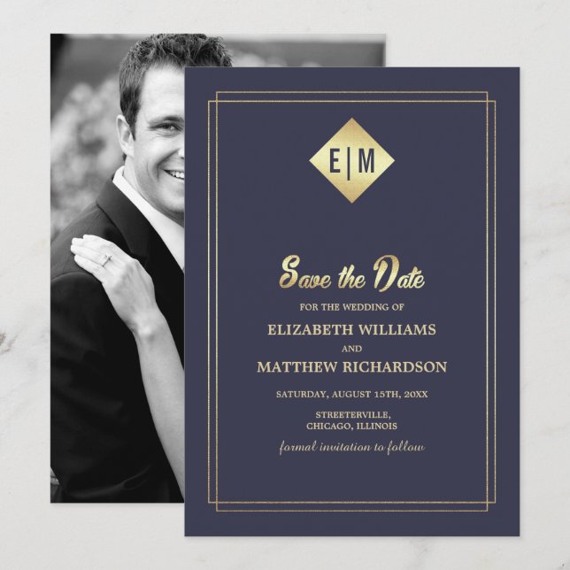 Save the date. Carte photo Mariage bleu marine (Devant / Derrière)