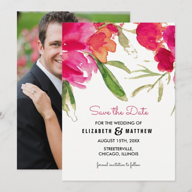 Save the date. Carte photo Mariage Fuchsia (Devant / Derrière)