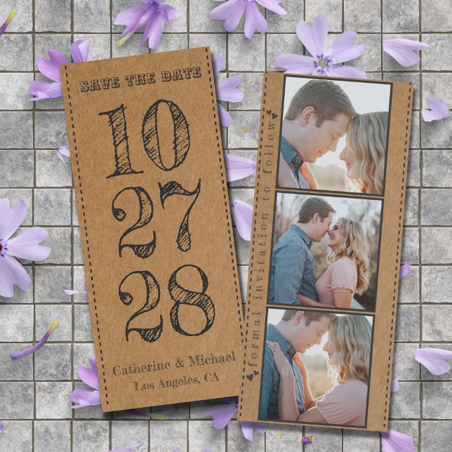 Save The Date Carton Brown Rustic Trendy Trois photos (Créateur téléchargé)