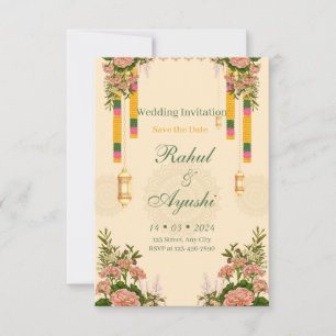 Save The Date Carton d'invitation de mariage Mandap à guirlande 