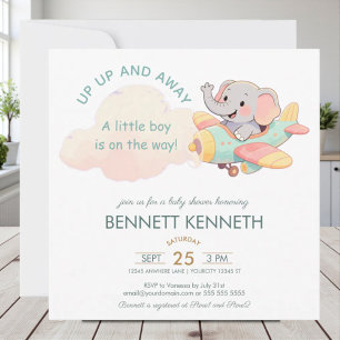 Save The Date Carton d'invitation Garçon Eléphant Avion Aquarell