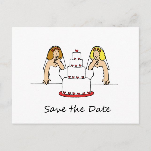 Save the Date Cartoon Lesbian Brides Ankündigungspostkarte (Vorderseite)