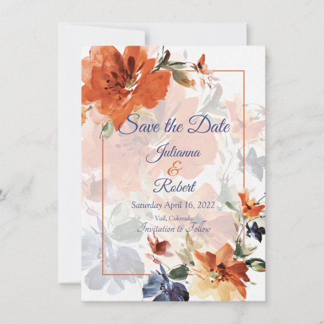 Save The Date Cascade orange et bleu mariage floral (Devant)