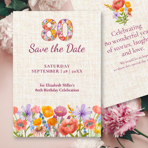 Save The Date Célébration élégante de fleurs sur lin pour le 80e