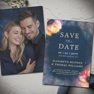 Save The Date Céleste Fleurs Galaxie Nuit Étoilée Bleue Mariage