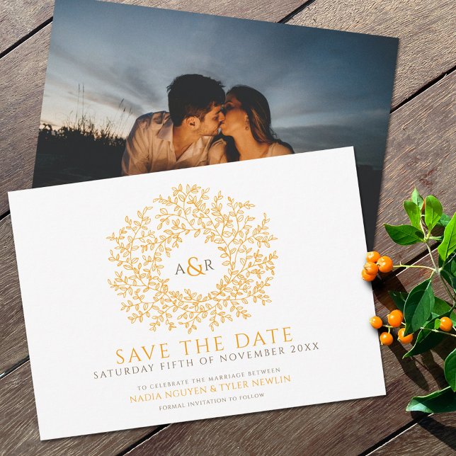 Save The Date Cercle feuille orange brun blanc photo mariage (Créateur téléchargé)
