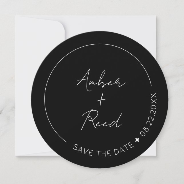 Save The Date Cercle rond à script simple minimaliste noir (Devant)