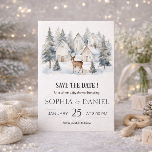 Save The Date Cerf d'hiver dans un village Aquarelle Baby Shower