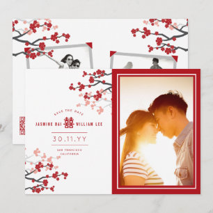 Save The Date Cerisiers rouges Fleurissent Double Bonheur Chinoi