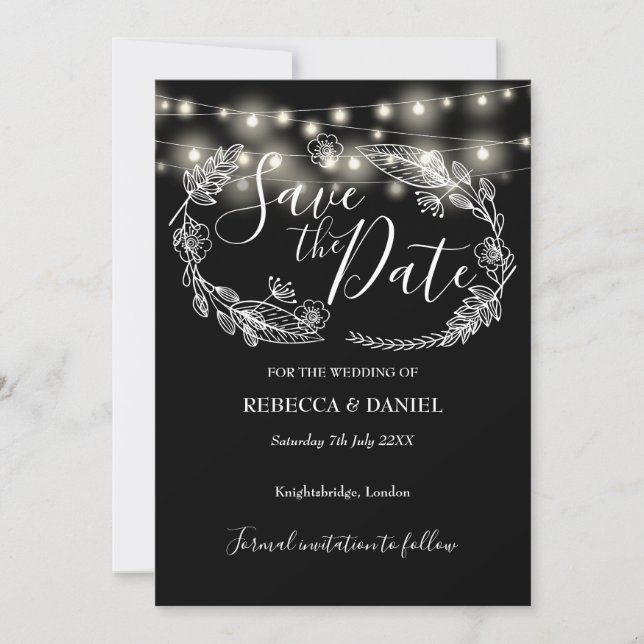 Save The Date Chaîne Éclairant Floral Noir Et Blanc Mariage (Devant)