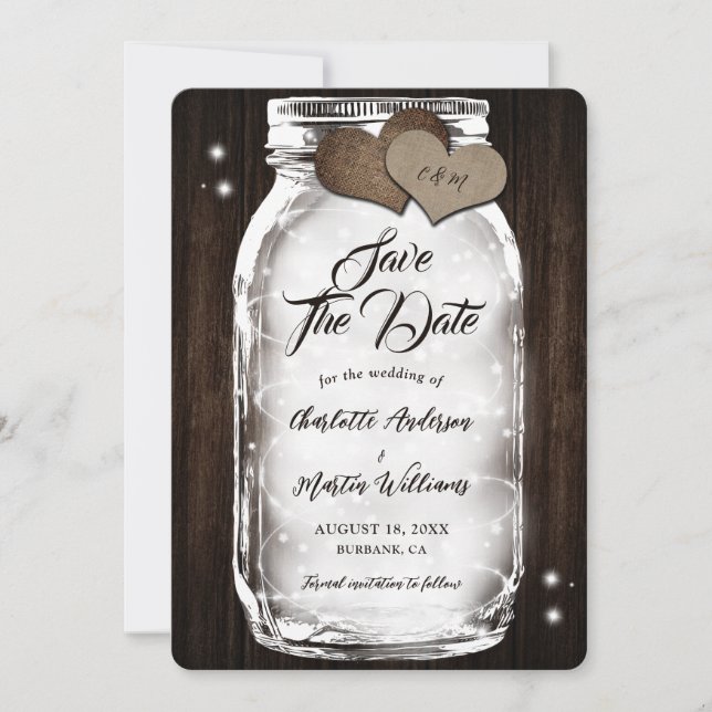 Save The Date Chaîne Mason Jar Lumières rustique Mariage en bois (Devant)