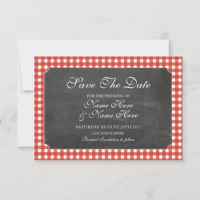 Save the Date Chalk Red Karo Rustic Wedding Card (Vorderseite)