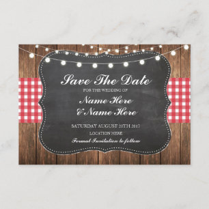 Save the Date Chalk Wood Rustic Red Karo Card