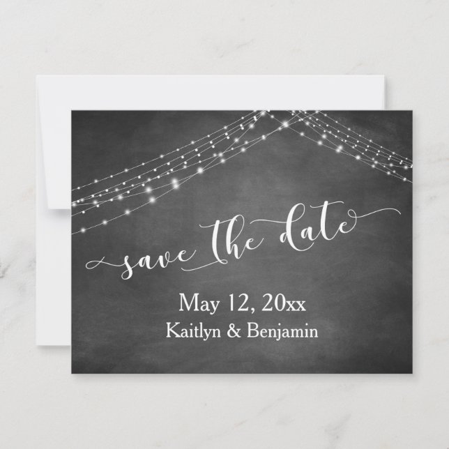 Save The Date Chalkboard Chaînes de lumière Calligraphie Enregis (Devant)