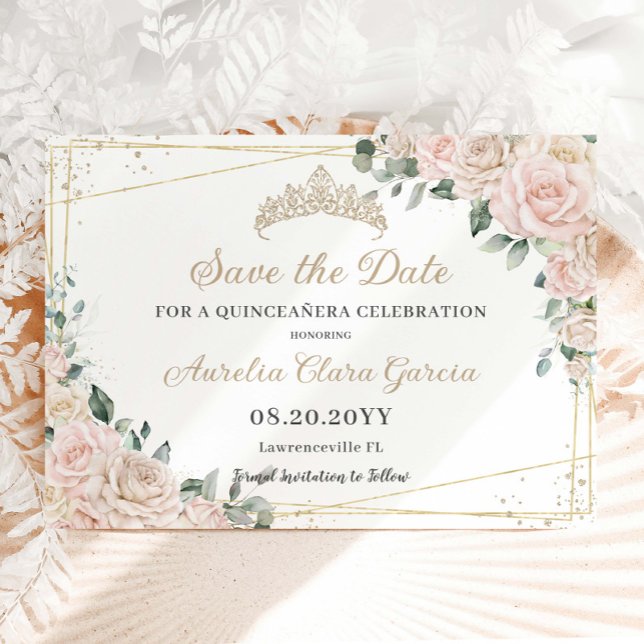 Save The Date Champagne Blush ivoire Floral Quinceañera Sweet 16 (Créateur téléchargé)