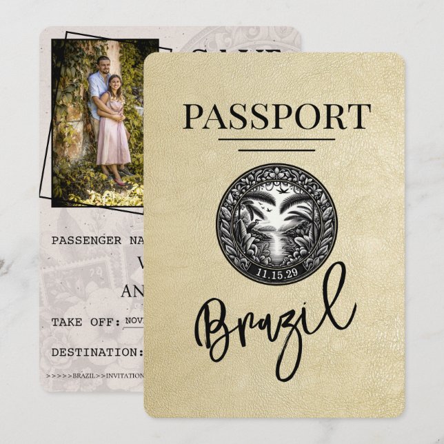 Save The Date Champagne Brésil Passeport Enregistrer La Date (Devant / Derrière)