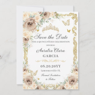 Save The Date Champagne Crème Sweet sixteen Floral QUINCEAÑERA