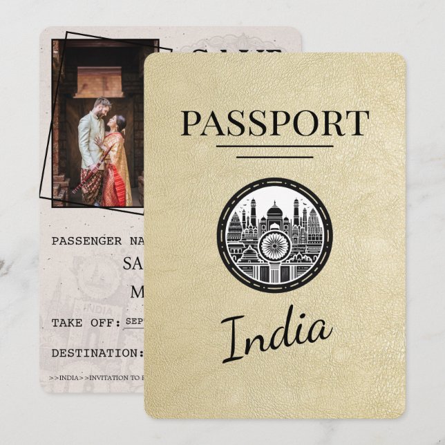 Save The Date Champagne India Passport Enregistrer La Date (Devant / Derrière)