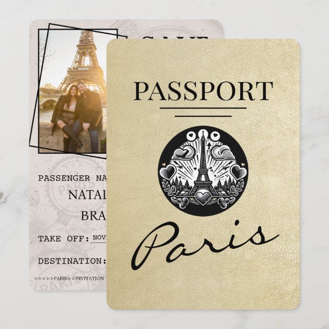 Save The Date Champagne Paris Passport Enregistrer La Date (Devant / Derrière)