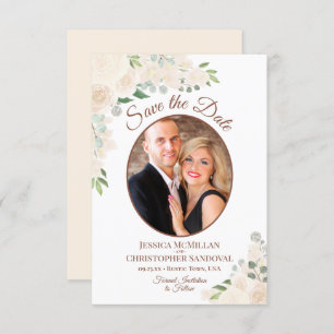 Save The Date Champagne Peach Boho Floral Oval Photo Mariage