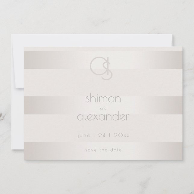 Save The Date | Champagner Shimmer Stripe Monogram (Vorderseite)