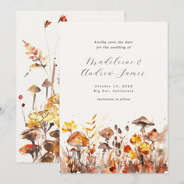 Save The Date Champignons Chute Fleurs Sauvages Calligraphie Mar (Devant / Derrière)