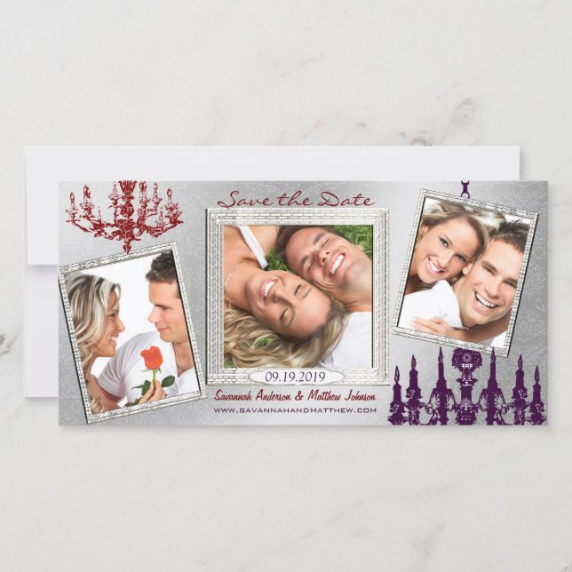 Save The Date Chandelier Argent Damask Rouge & Plum Enregistrer  (Devant)