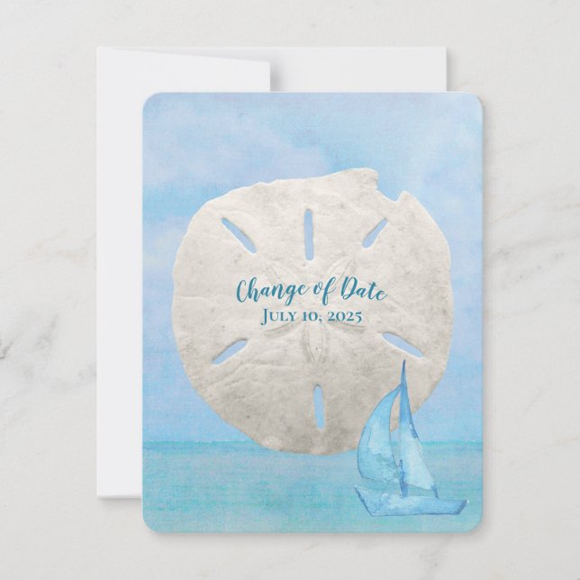 Save The Date Changement de date dollar de sable et voilier (Devant)