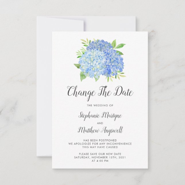 Save The Date Changer la date Fleurs de mariage Hortensia Bleu (Devant)