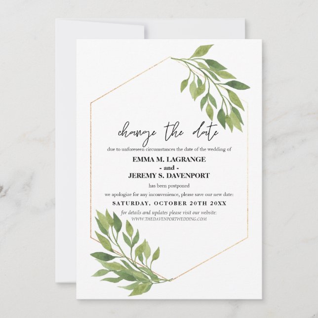 Save The Date Changer la date mariage Vert et cadre doré (Devant)
