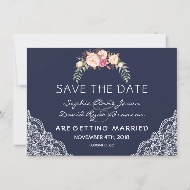 Save The Date Charm Blush rose Fleurs dentelle Mariage Marine (Devant)