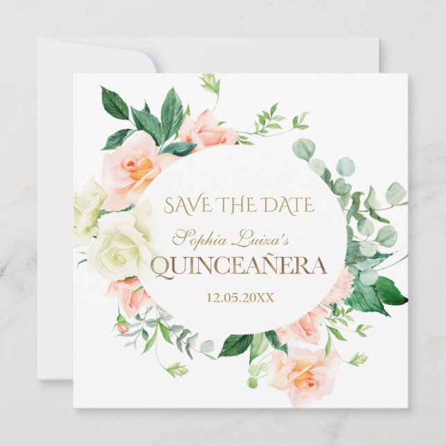 Save The Date Charm Spring Blush Fleurs blanches Quinceañera (Devant)