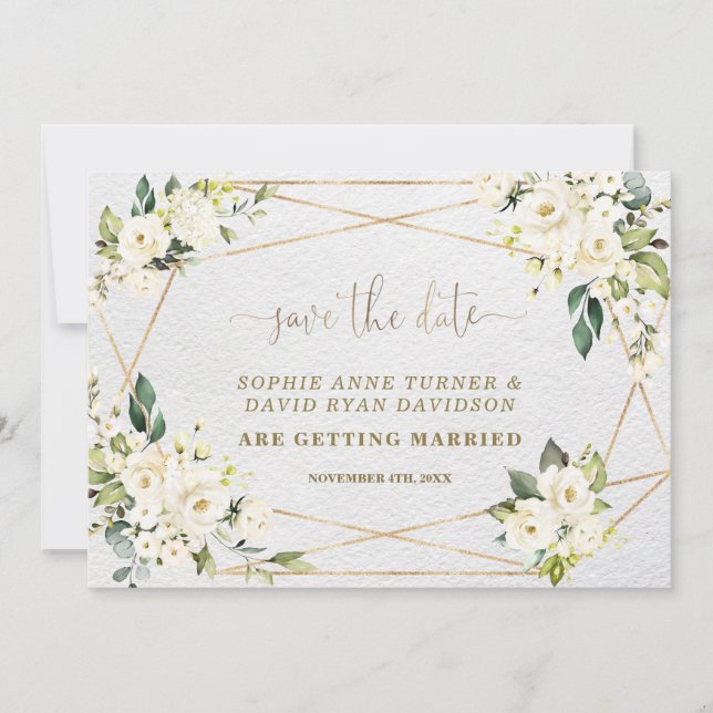 Save The Date Charmant Aquarelle Blanc Floral Mariage or (Devant)